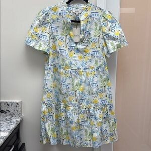 Avara Lemon Print Short Sleeve Tiered Mini Dress - White/Yellow/Blue